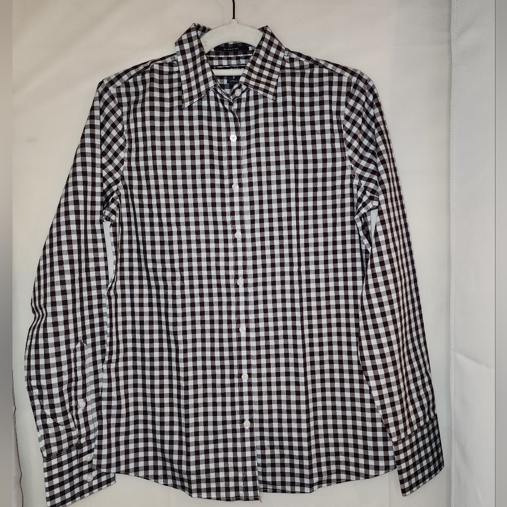 Lands End Gingham Button Down Blouse